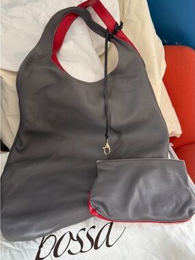 Leather Shoulder Tote with Detachable Pouch - Gray with Red Trim